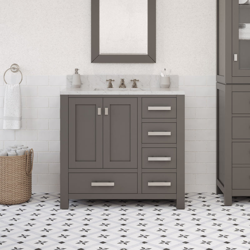 Water Creation MS36CW - Madison 36 In. Single Sink Pre-Assembled Transitional Style Bathroom Vanity With 1" Carrara White Marble Top