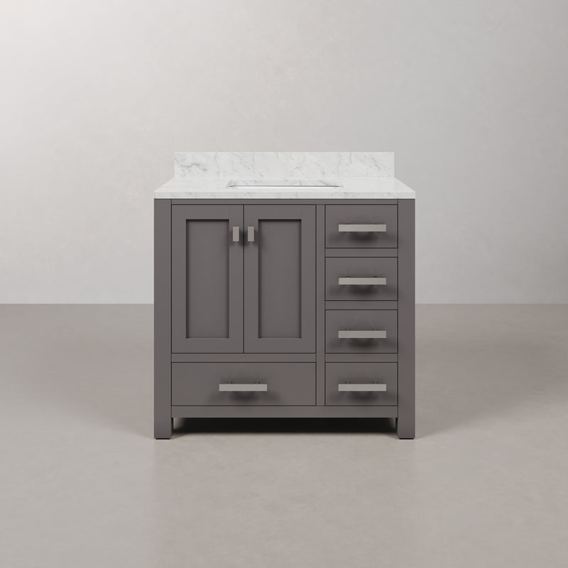 Water Creation MS36CW - Madison 36 In. Single Sink Pre-Assembled Transitional Style Bathroom Vanity With 1" Carrara White Marble Top
