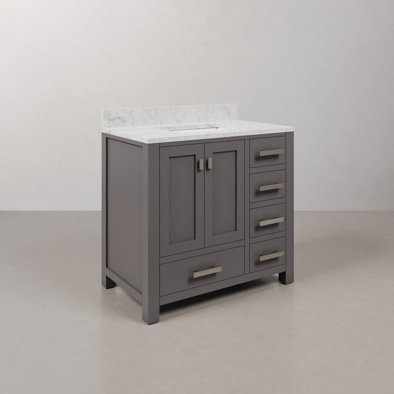 Water Creation MS36CW - Madison 36 In. Single Sink Pre-Assembled Transitional Style Bathroom Vanity With 1" Carrara White Marble Top