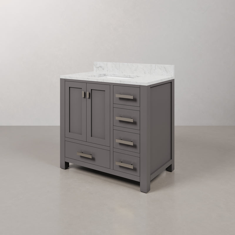 Water Creation MS36CW - Madison 36 In. Single Sink Pre-Assembled Transitional Style Bathroom Vanity With 1" Carrara White Marble Top
