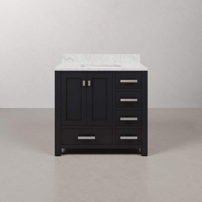 Water Creation MS36CW - Madison 36 In. Single Sink Pre-Assembled Transitional Style Bathroom Vanity With 1" Carrara White Marble Top