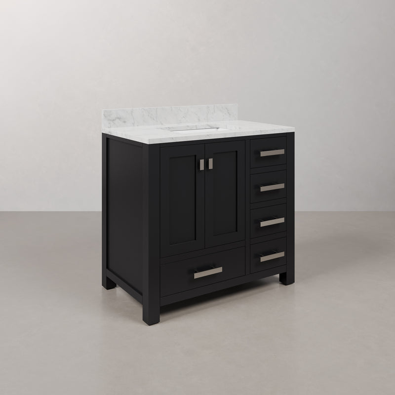 Water Creation MS36CW - Madison 36 In. Single Sink Pre-Assembled Transitional Style Bathroom Vanity With 1" Carrara White Marble Top