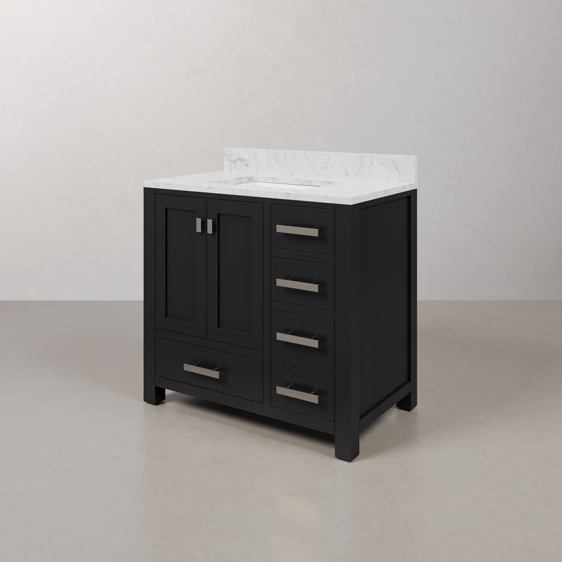 Water Creation MS36CW - Madison 36 In. Single Sink Pre-Assembled Transitional Style Bathroom Vanity With 1" Carrara White Marble Top