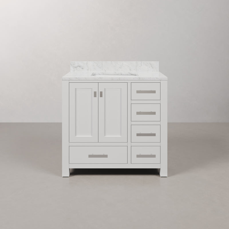 Water Creation MS36CW - Madison 36 In. Single Sink Pre-Assembled Transitional Style Bathroom Vanity With 1" Carrara White Marble Top