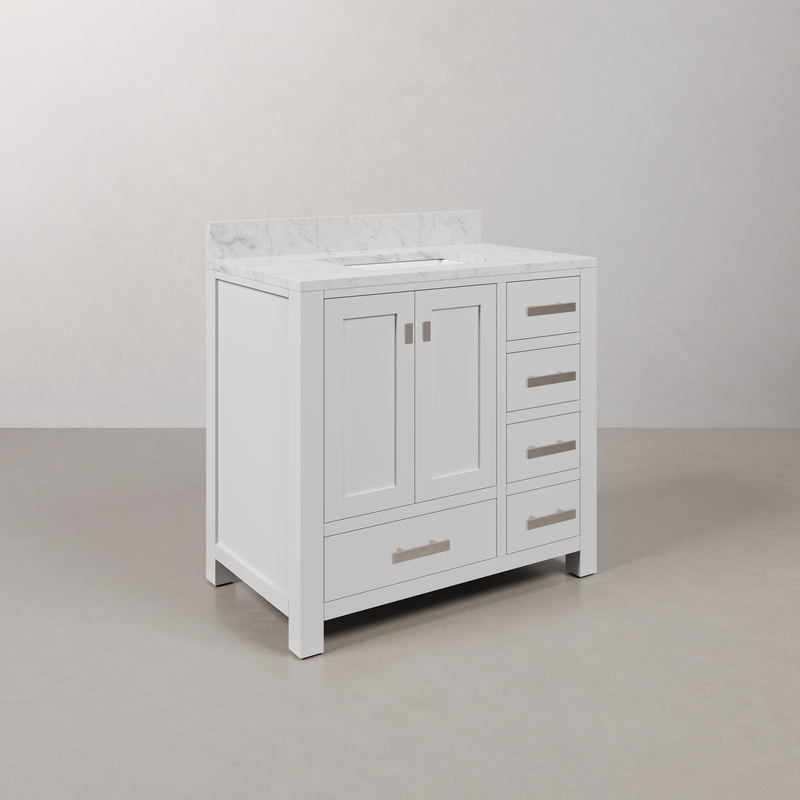 Water Creation MS36CW - Madison 36 In. Single Sink Pre-Assembled Transitional Style Bathroom Vanity With 1" Carrara White Marble Top