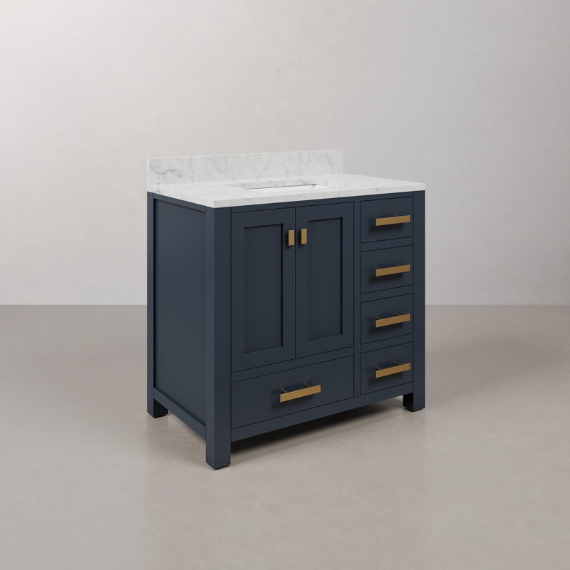 Water Creation MS36CW - Madison 36 In. Single Sink Pre-Assembled Transitional Style Bathroom Vanity With 1" Carrara White Marble Top