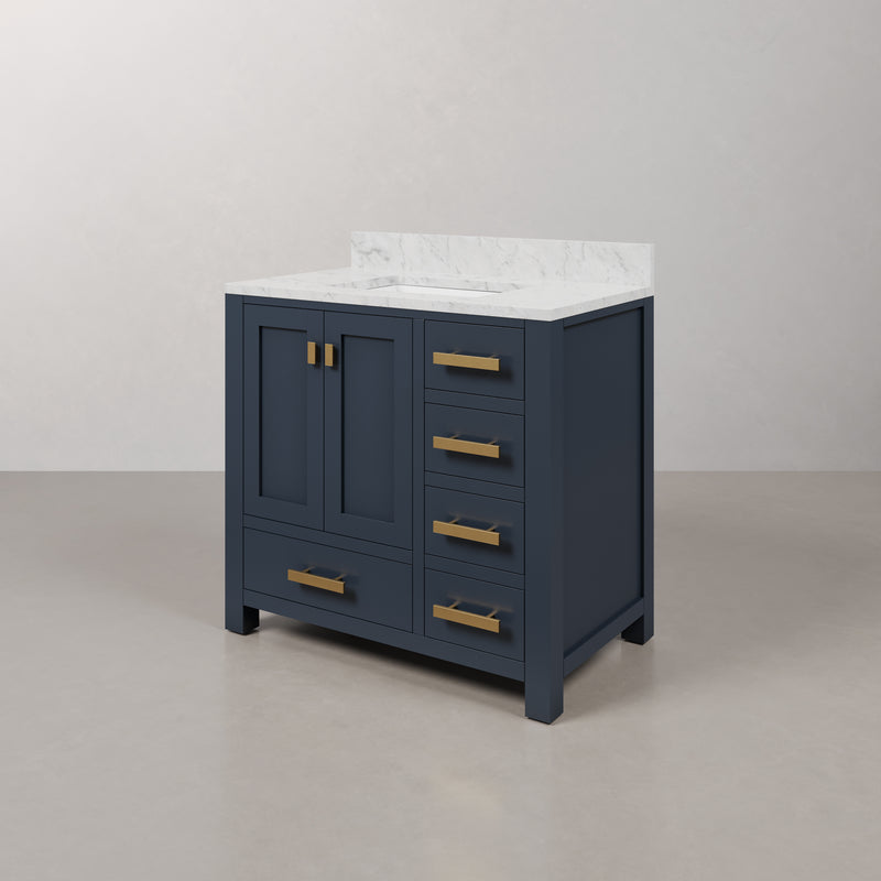 Water Creation MS36CW - Madison 36 In. Single Sink Pre-Assembled Transitional Style Bathroom Vanity With 1" Carrara White Marble Top