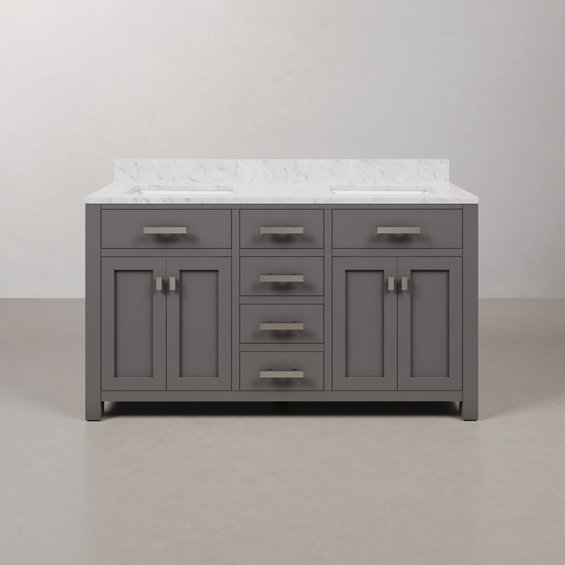 Water Creation MS60CW - Madison 60 In. Double Sink Pre-Assembled Transitional Style Bathroom Vanity With 1" Carrara White Marble Top