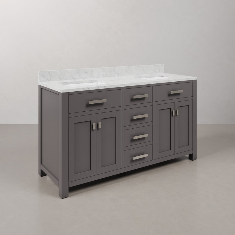 Water Creation MS60CW - Madison 60 In. Double Sink Pre-Assembled Transitional Style Bathroom Vanity With 1" Carrara White Marble Top