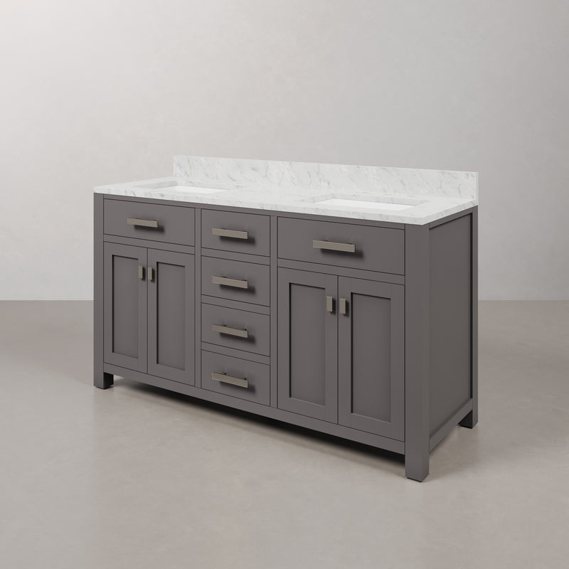 Water Creation MS60CW - Madison 60 In. Double Sink Pre-Assembled Transitional Style Bathroom Vanity With 1" Carrara White Marble Top