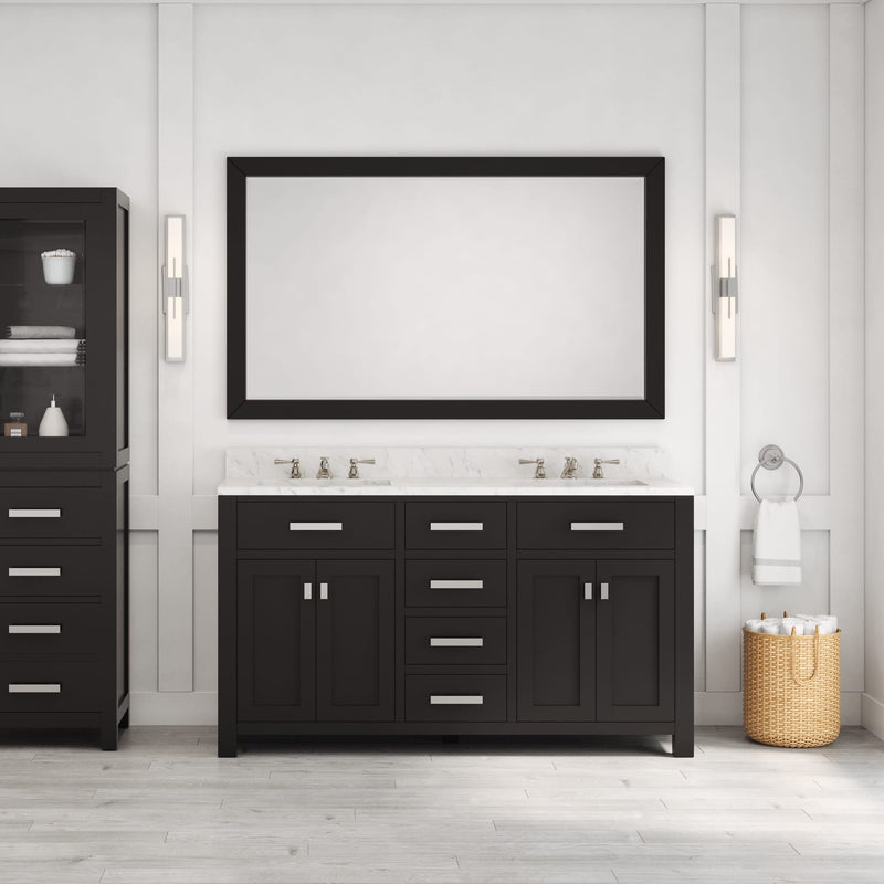 Water Creation MS60CW - Madison 60 In. Double Sink Pre-Assembled Transitional Style Bathroom Vanity With 1" Carrara White Marble Top
