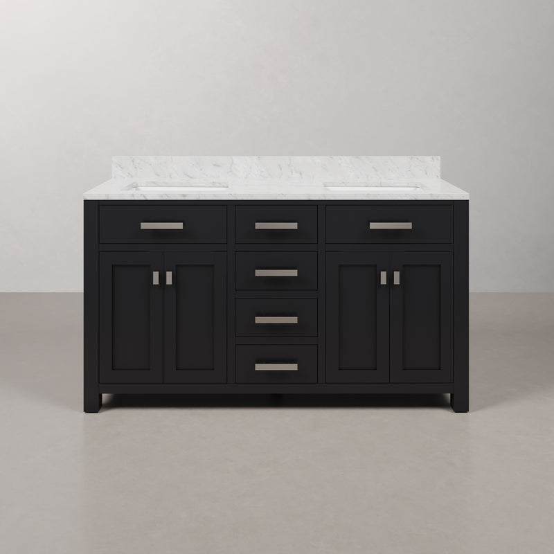 Water Creation MS60CW - Madison 60 In. Double Sink Pre-Assembled Transitional Style Bathroom Vanity With 1" Carrara White Marble Top