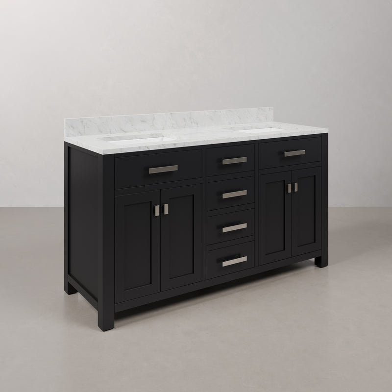 Water Creation MS60CW - Madison 60 In. Double Sink Pre-Assembled Transitional Style Bathroom Vanity With 1" Carrara White Marble Top