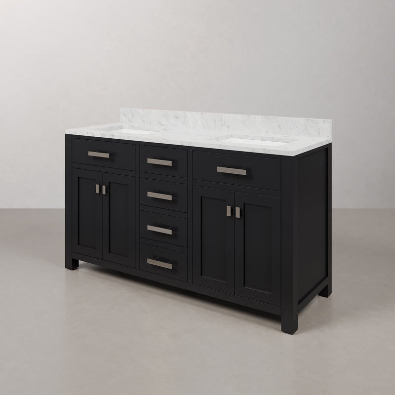 Water Creation MS60CW - Madison 60 In. Double Sink Pre-Assembled Transitional Style Bathroom Vanity With 1" Carrara White Marble Top