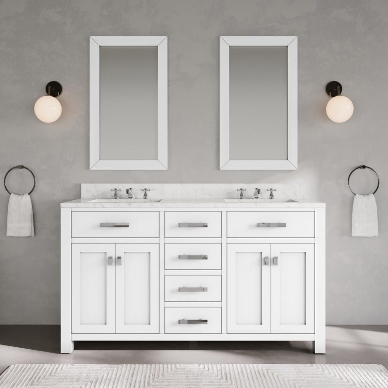 Water Creation MS60CW - Madison 60 In. Double Sink Pre-Assembled Transitional Style Bathroom Vanity With 1" Carrara White Marble Top