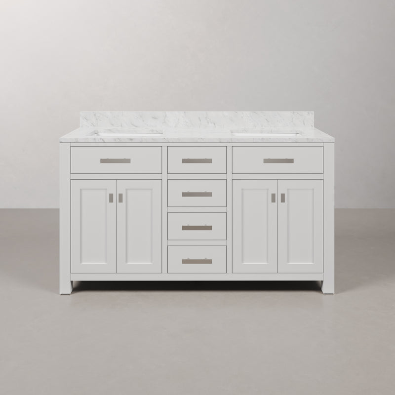Water Creation MS60CW - Madison 60 In. Double Sink Pre-Assembled Transitional Style Bathroom Vanity With 1" Carrara White Marble Top