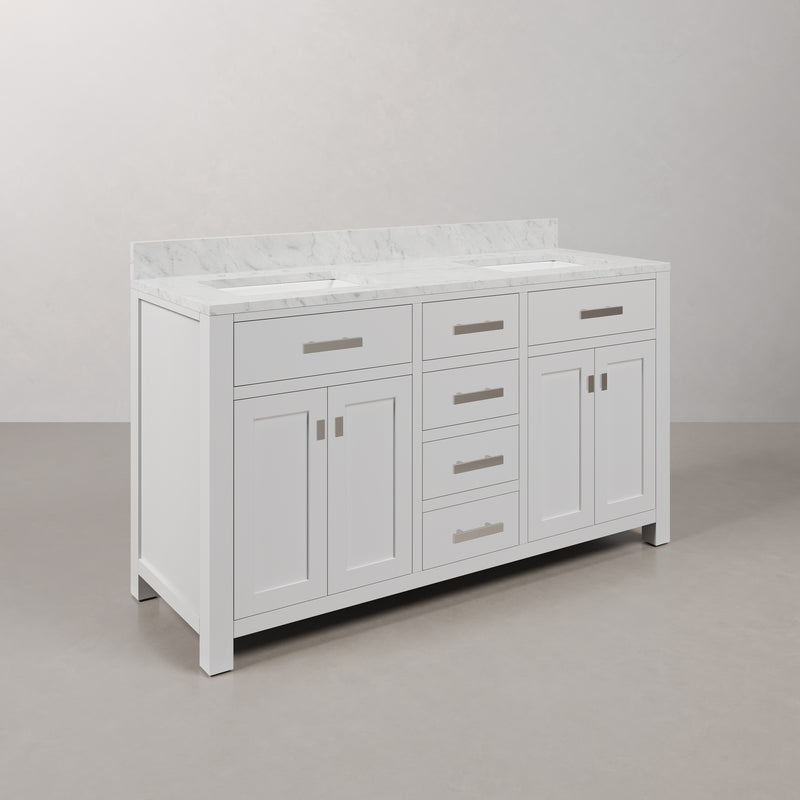 Water Creation MS60CW - Madison 60 In. Double Sink Pre-Assembled Transitional Style Bathroom Vanity With 1" Carrara White Marble Top