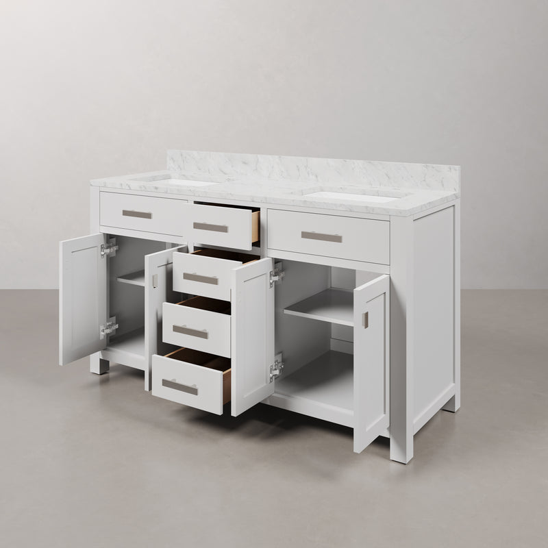 Water Creation MS60CW - Madison 60 In. Double Sink Pre-Assembled Transitional Style Bathroom Vanity With 1" Carrara White Marble Top