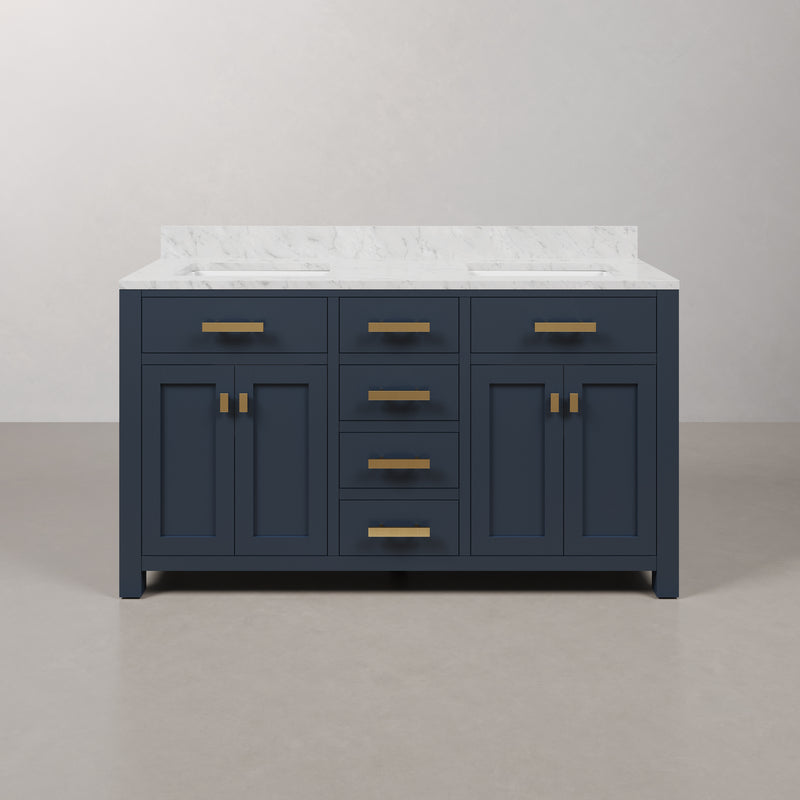 Water Creation MS60CW - Madison 60 In. Double Sink Pre-Assembled Transitional Style Bathroom Vanity With 1" Carrara White Marble Top