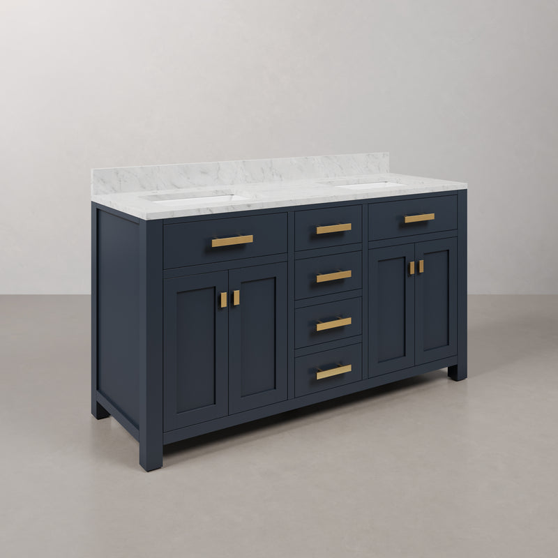 Water Creation MS60CW - Madison 60 In. Double Sink Pre-Assembled Transitional Style Bathroom Vanity With 1" Carrara White Marble Top