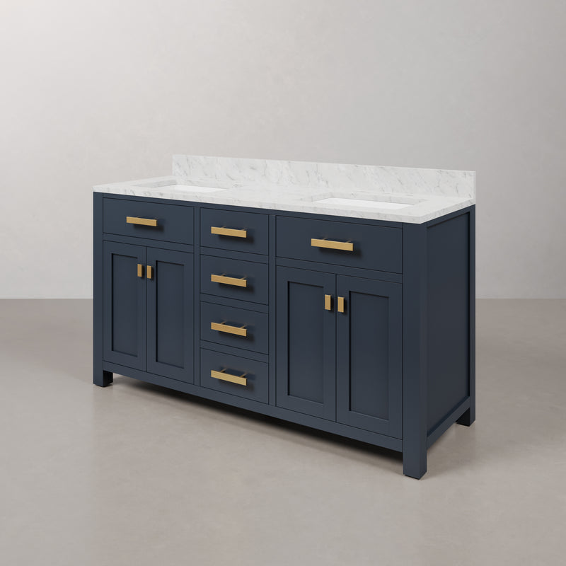 Water Creation MS60CW - Madison 60 In. Double Sink Pre-Assembled Transitional Style Bathroom Vanity With 1" Carrara White Marble Top