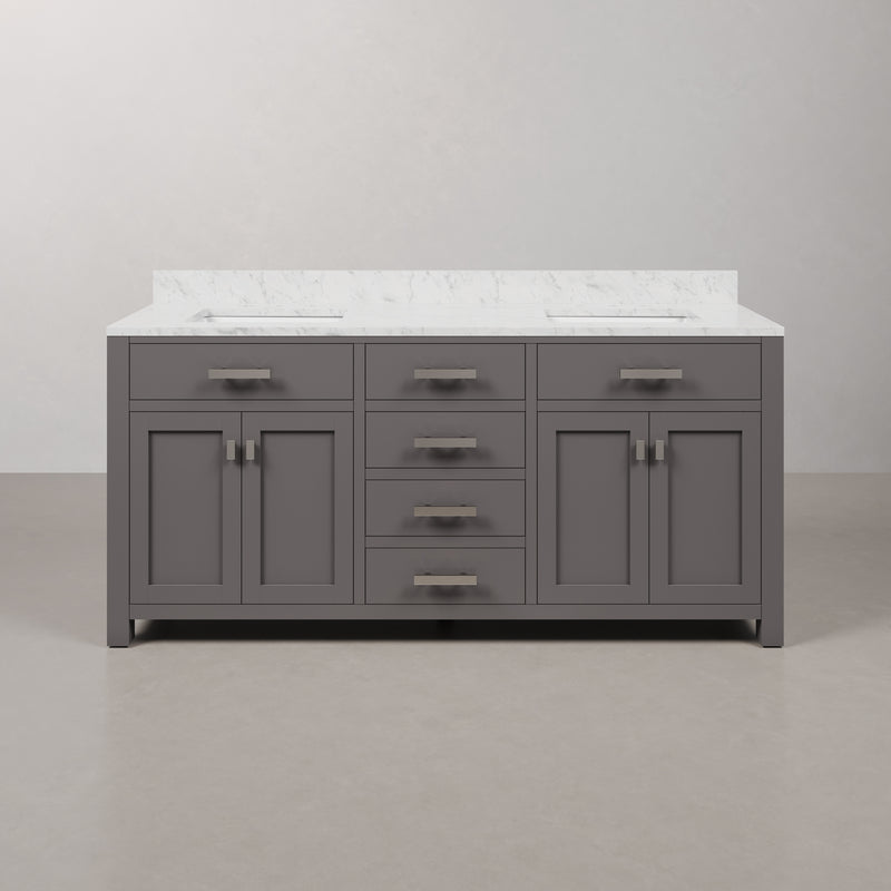 Water Creation MS72CW - Madison 72 In. Double Sink Pre-Assembled Transitional Style Bathroom Vanity With 1" Carrara White Marble Top