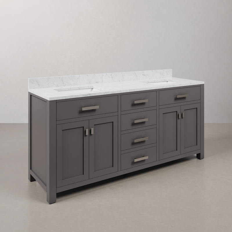 Water Creation MS72CW - Madison 72 In. Double Sink Pre-Assembled Transitional Style Bathroom Vanity With 1" Carrara White Marble Top