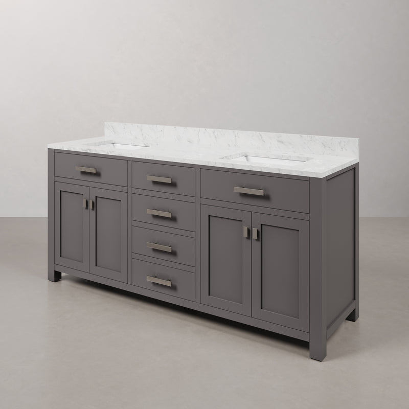 Water Creation MS72CW - Madison 72 In. Double Sink Pre-Assembled Transitional Style Bathroom Vanity With 1" Carrara White Marble Top