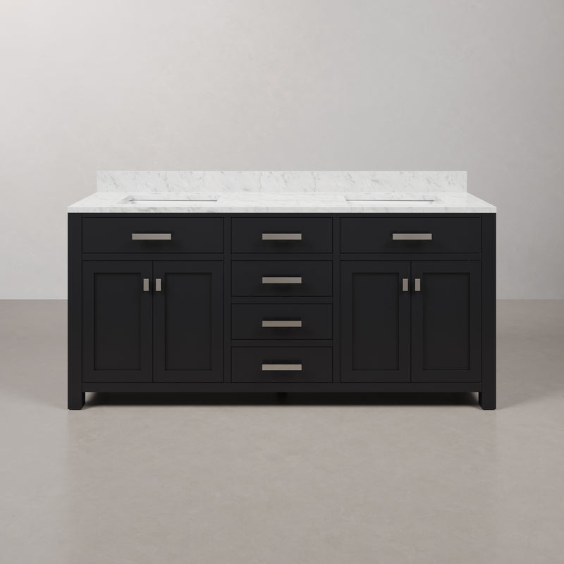 Water Creation MS72CW - Madison 72 In. Double Sink Pre-Assembled Transitional Style Bathroom Vanity With 1" Carrara White Marble Top