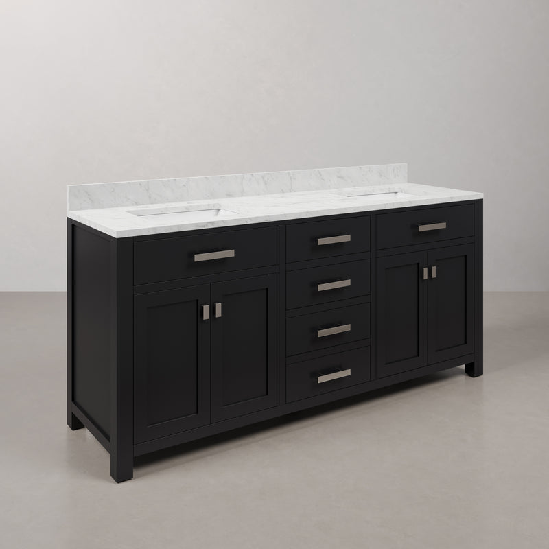 Water Creation MS72CW - Madison 72 In. Double Sink Pre-Assembled Transitional Style Bathroom Vanity With 1" Carrara White Marble Top