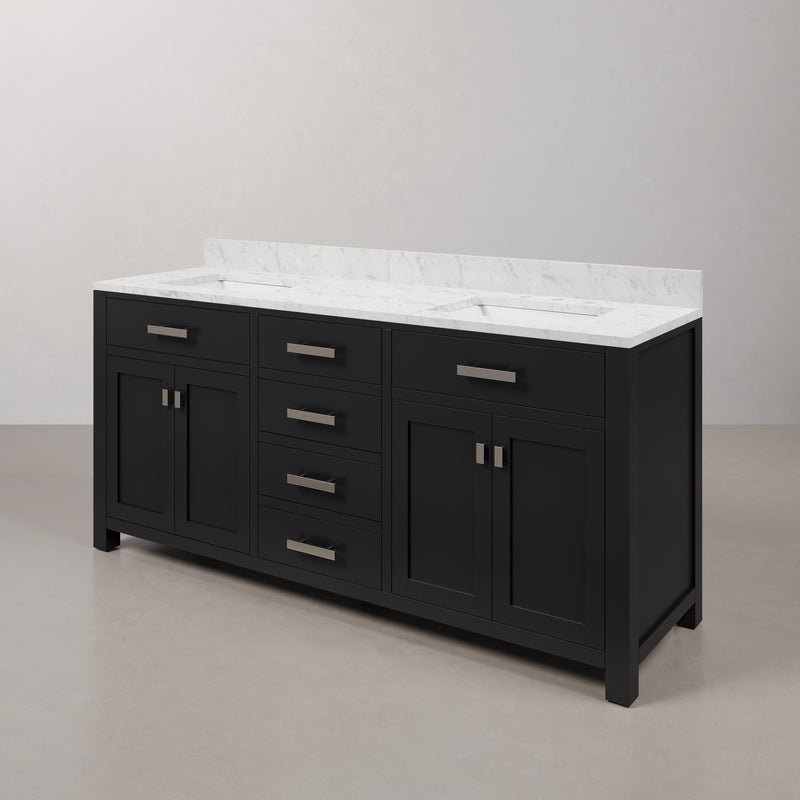 Water Creation MS72CW - Madison 72 In. Double Sink Pre-Assembled Transitional Style Bathroom Vanity With 1" Carrara White Marble Top