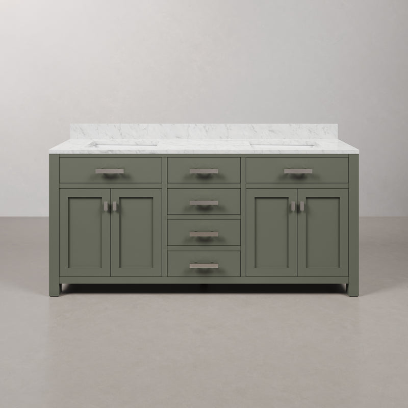 Water Creation MS72CW - Madison 72 In. Double Sink Pre-Assembled Transitional Style Bathroom Vanity With 1" Carrara White Marble Top