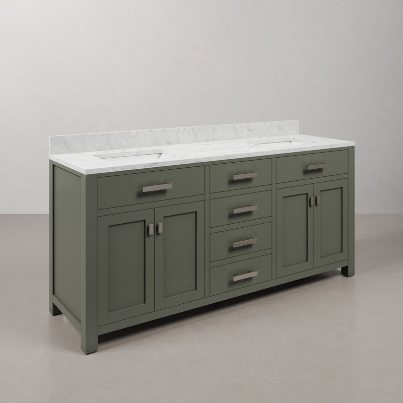 Water Creation MS72CW - Madison 72 In. Double Sink Pre-Assembled Transitional Style Bathroom Vanity With 1" Carrara White Marble Top