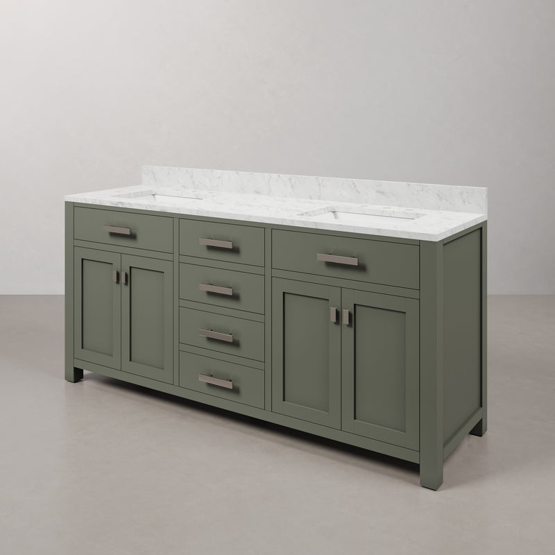 Water Creation MS72CW - Madison 72 In. Double Sink Pre-Assembled Transitional Style Bathroom Vanity With 1" Carrara White Marble Top
