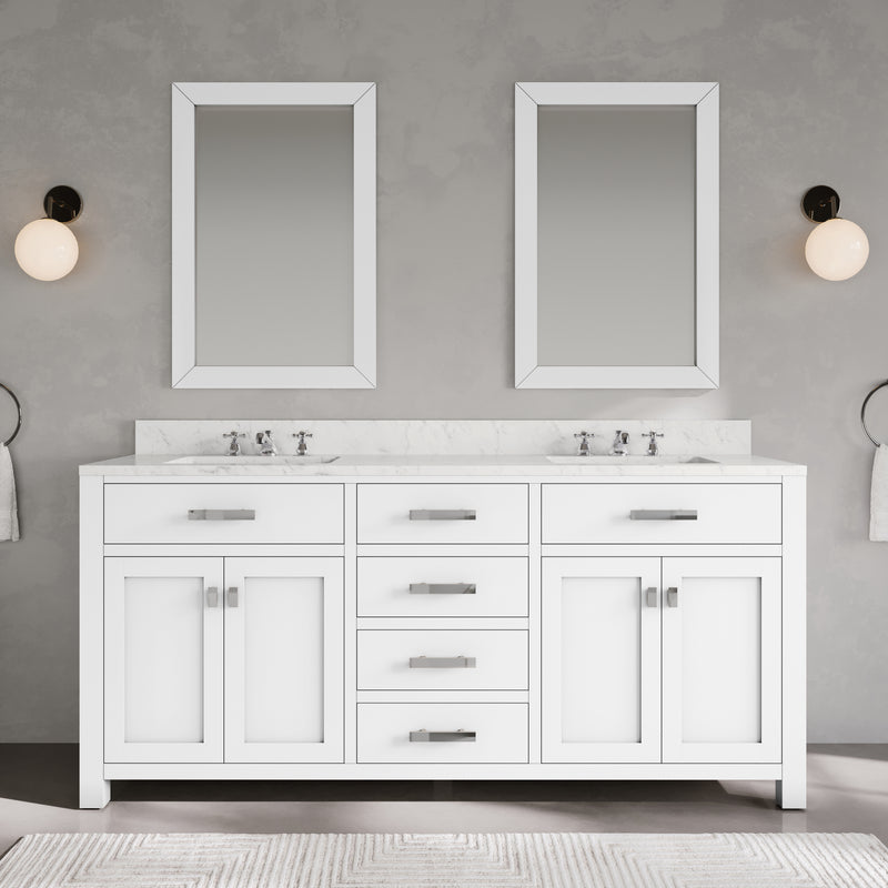 Water Creation MS72CW - Madison 72 In. Double Sink Pre-Assembled Transitional Style Bathroom Vanity With 1" Carrara White Marble Top