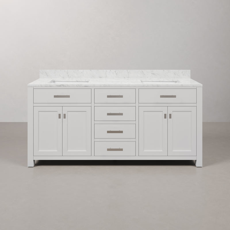 Water Creation MS72CW - Madison 72 In. Double Sink Pre-Assembled Transitional Style Bathroom Vanity With 1" Carrara White Marble Top