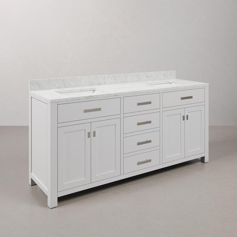 Water Creation MS72CW - Madison 72 In. Double Sink Pre-Assembled Transitional Style Bathroom Vanity With 1" Carrara White Marble Top