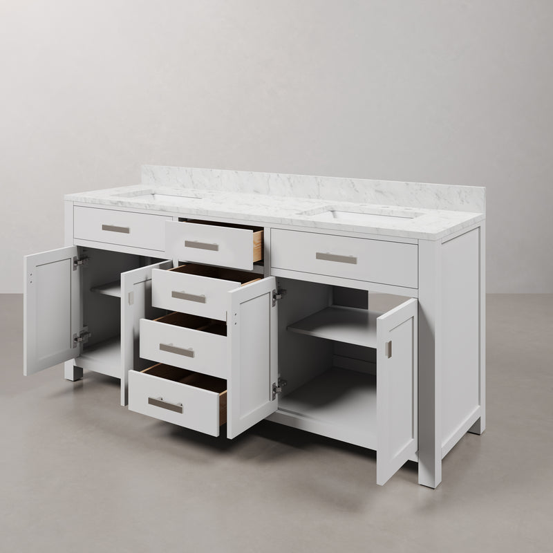 Water Creation MS72CW - Madison 72 In. Double Sink Pre-Assembled Transitional Style Bathroom Vanity With 1" Carrara White Marble Top