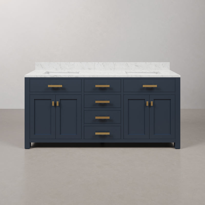 Water Creation MS72CW - Madison 72 In. Double Sink Pre-Assembled Transitional Style Bathroom Vanity With 1" Carrara White Marble Top
