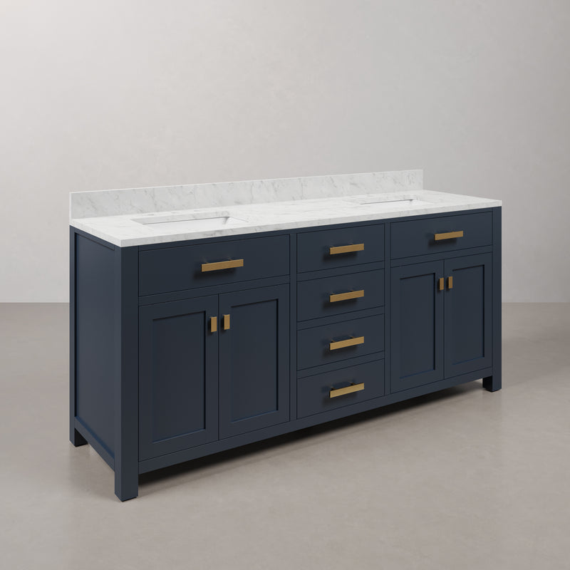 Water Creation MS72CW - Madison 72 In. Double Sink Pre-Assembled Transitional Style Bathroom Vanity With 1" Carrara White Marble Top