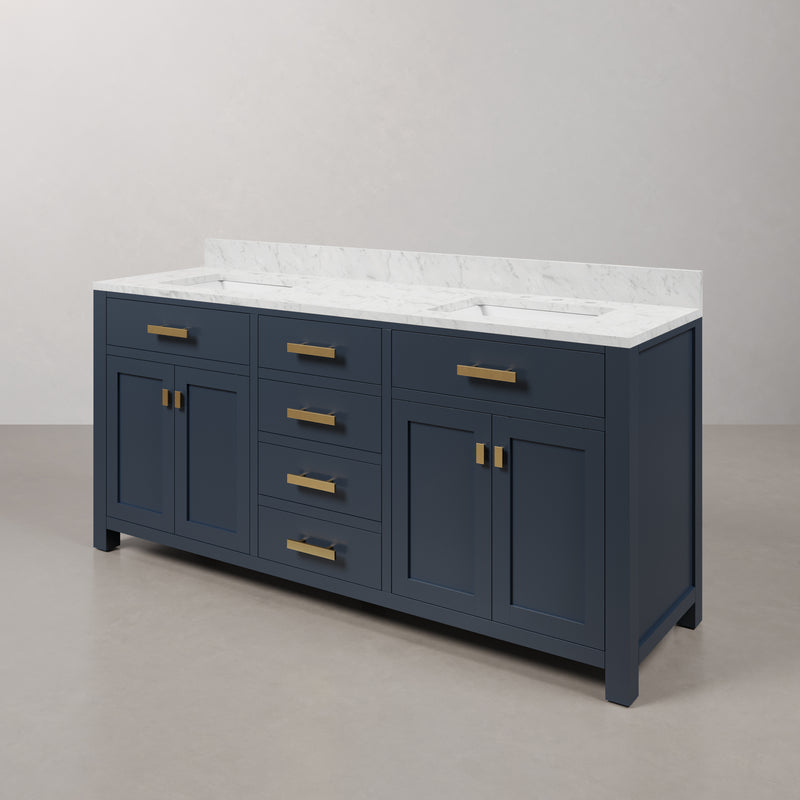 Water Creation MS72CW - Madison 72 In. Double Sink Pre-Assembled Transitional Style Bathroom Vanity With 1" Carrara White Marble Top