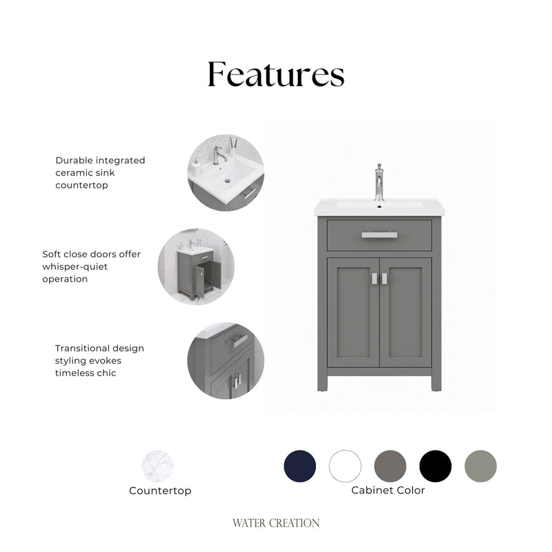 Water Creation MY24CR - Myra 24 In. Single Integrated Rectangular Ceramic Sink Pre-Assembled Transitional Style Bathroom Vanity