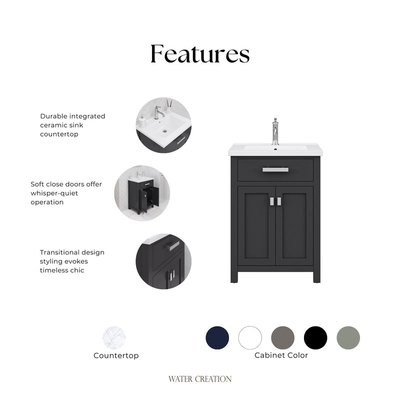 Water Creation MY24CR - Myra 24 In. Single Integrated Rectangular Ceramic Sink Pre-Assembled Transitional Style Bathroom Vanity