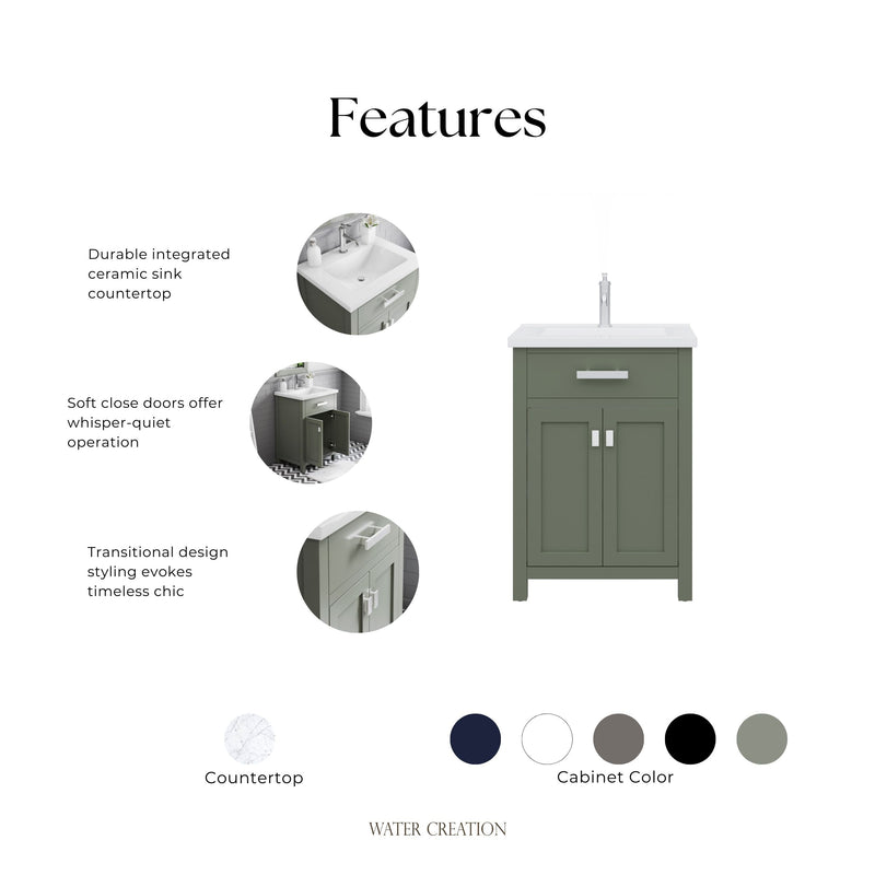 Water Creation MY24CR - Myra 24 In. Single Integrated Rectangular Ceramic Sink Pre-Assembled Transitional Style Bathroom Vanity