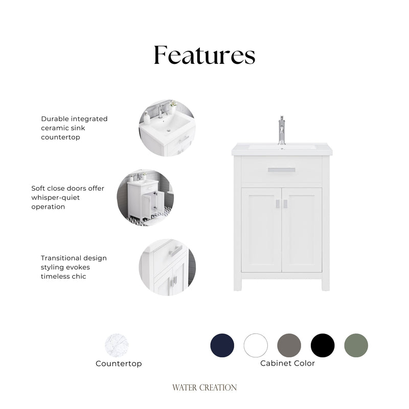 Water Creation MY24CR - Myra 24 In. Single Integrated Rectangular Ceramic Sink Pre-Assembled Transitional Style Bathroom Vanity