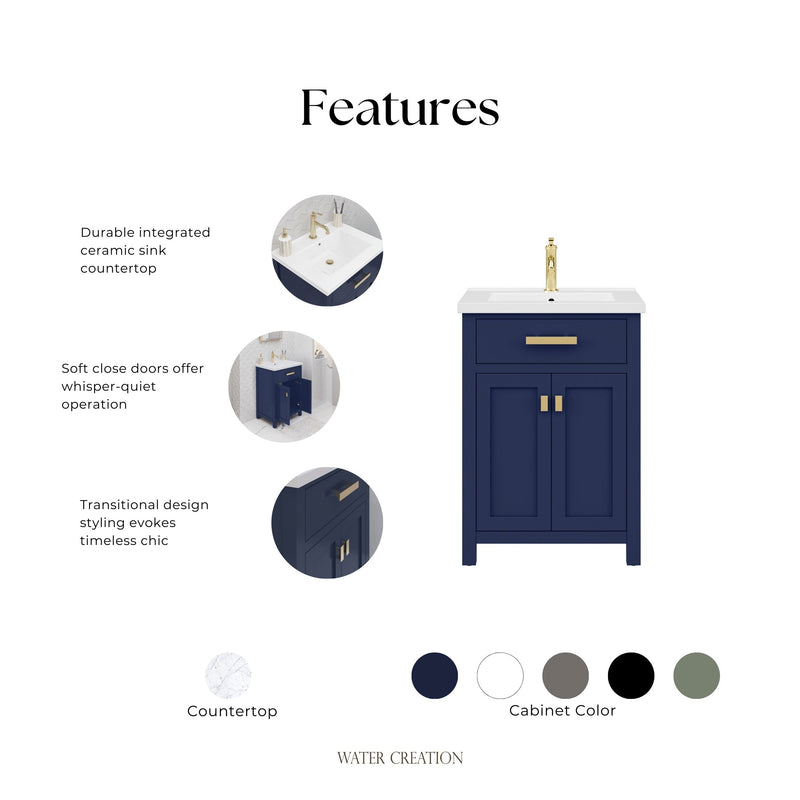 Water Creation MY24CR - Myra 24 In. Single Integrated Rectangular Ceramic Sink Pre-Assembled Transitional Style Bathroom Vanity