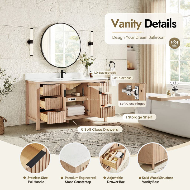 Vinnova 704260-AN-GW Shenzhen 60" Single Sink Bath Vanity in Aged Natural Oak