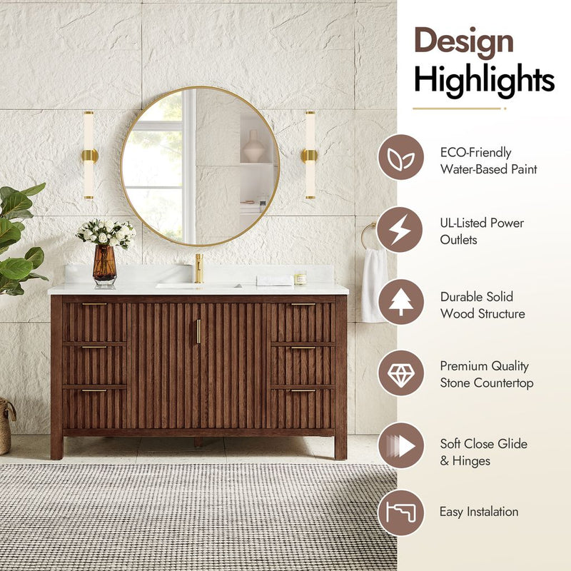 Vinnova 704260-AD-GW Shenzhen 60" Single Sink Bath Vanity in Aged Dark Brown Oak