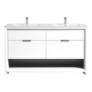 Kube Bath NUDO60D-GW Nudo 60" Gloss White Free Standing Double Sink Bathroom Vanity with Reinforced Acrylic Composite Top