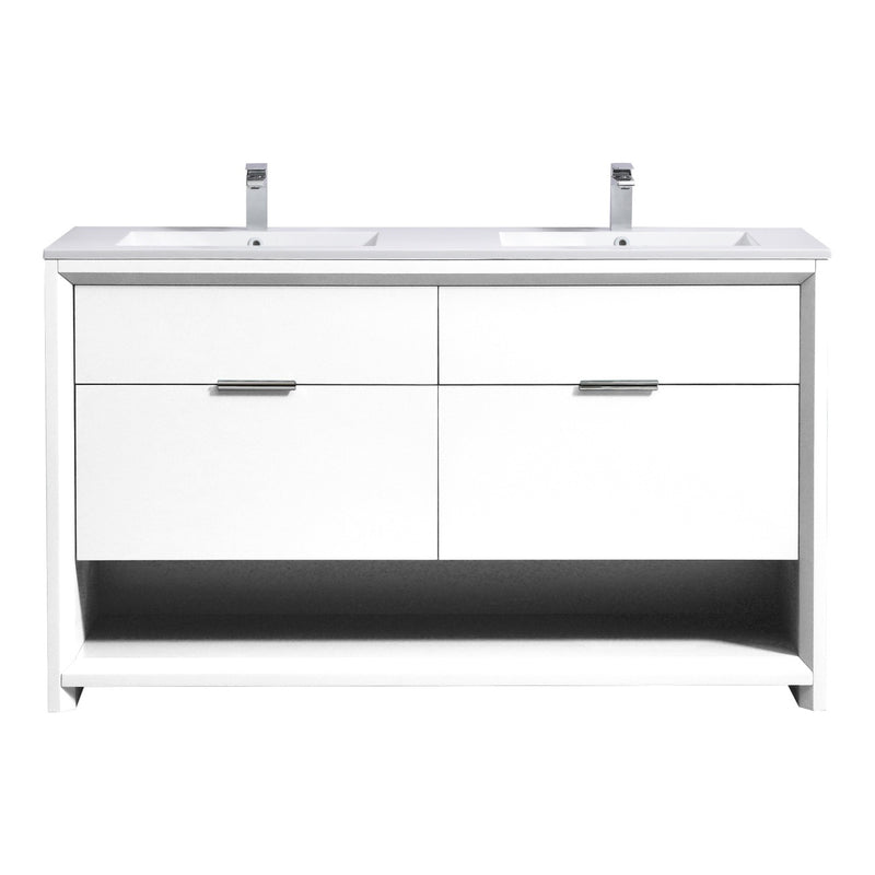 Kube Bath NUDO60D-GW Nudo 60" Gloss White Free Standing Double Sink Bathroom Vanity with Reinforced Acrylic Composite Top